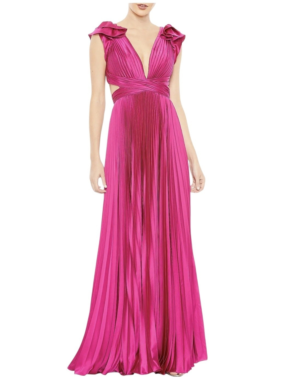 Pleated Magenta V-Neck Maxi Dress with Ruffle Cap Sleeves
